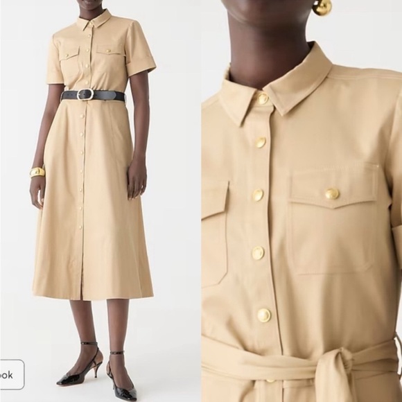 J.Crew Twill Khaki Snap Collared Fit Flare Shirtdress Size 00 BY839 NEW - Picture 1 of 15